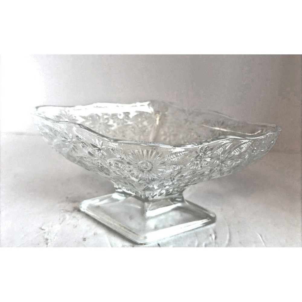 Vintage Indiana Glass Diamond Shape Clear Glass Floral Footed Candy Dish Bowl